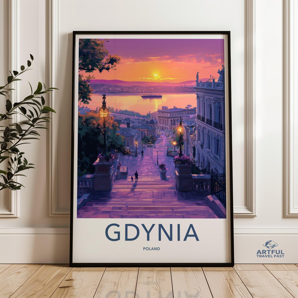 Gdynia Poland Sunset Harbor Stairs Vintage Style Travel Poster