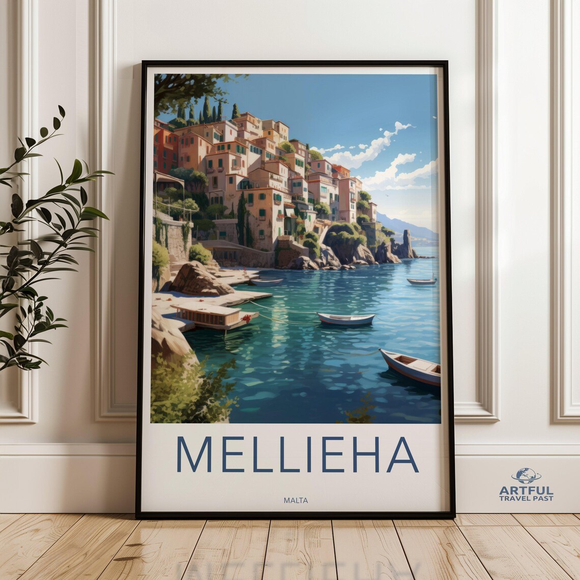 Mellieha Malta Coastal Village Boats Turquoise Bay Travel Poster