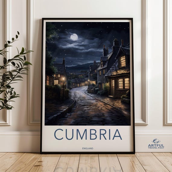 Cumbria England Wall Art Nighttime Village Scene Print Moonlit Street Artwork Charming Cottage Decor Countryside Illustration
