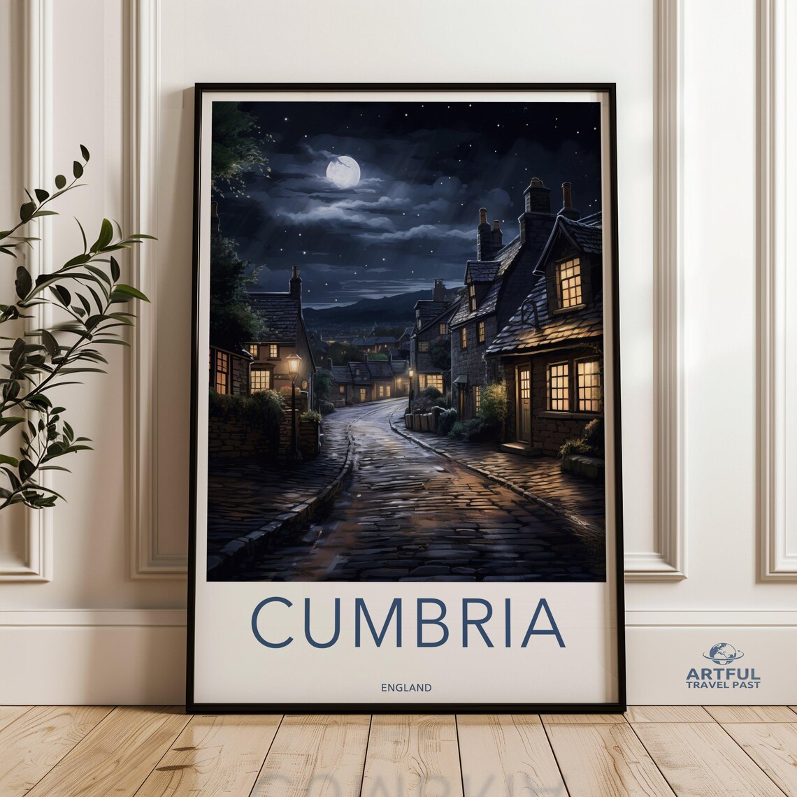 Cumbria England Moonlit Village Street Night Cobblestone Travel Poster