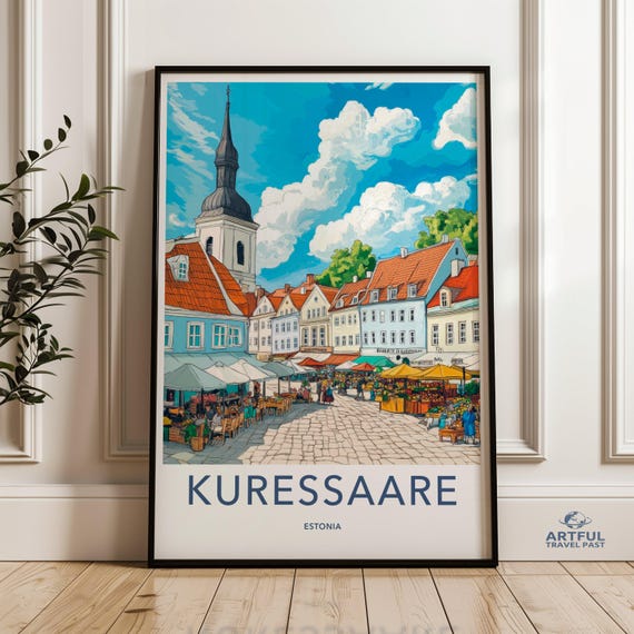 Kuressaare Cityscape Wall Art Estonia Travel Decor Vintage Style Poster Historic Architecture Print European Market Scene
