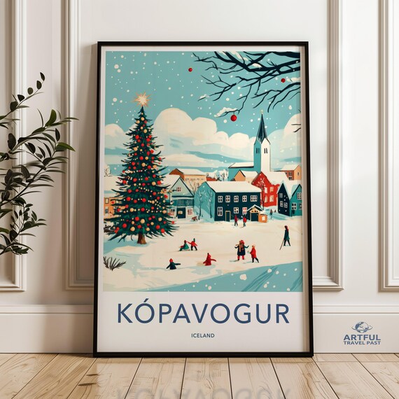 Kopavogur Iceland Snowy Village Christmas Tree Winter Scene Poster