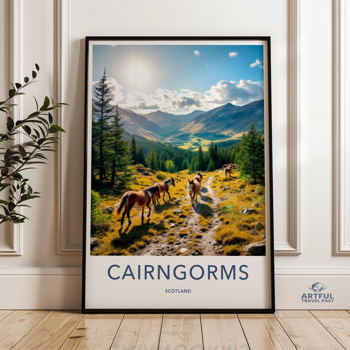 Cairngorms Scotland Wild Horses Mountain Valley Travel Poster