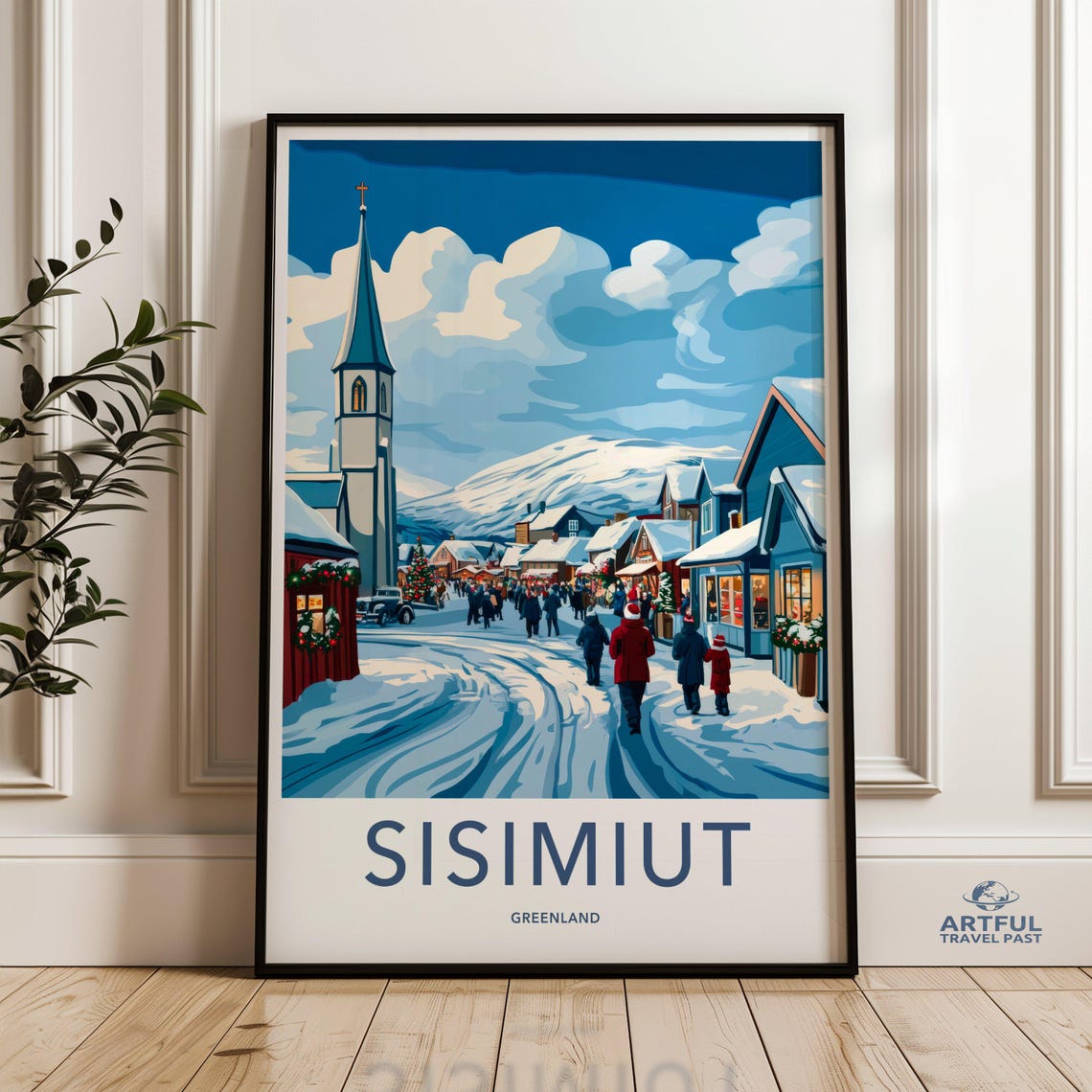 Sisimiut Greenland Winter Scene Village Art Holiday Market Wall Nordic Christmas Town Print Cozy Snowy Landscape Decor