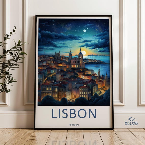 Lisbon Portugal Cityscape Magical Night View Sunset Over Scenic Wall Art Portuguese Historic Architecture Print Cultural