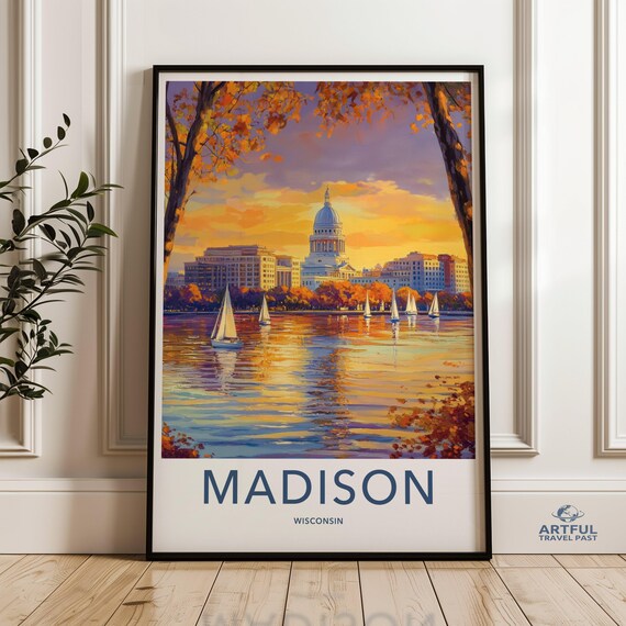 Madison Wisconsin Sailboats Lake Capitol Sunset View Travel Poster