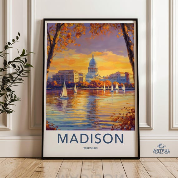 Madison Wisconsin Skyline Wall Art Capitol Building Illustration Print Sunset Cityscape Sailboats On Lake Autumn Decor