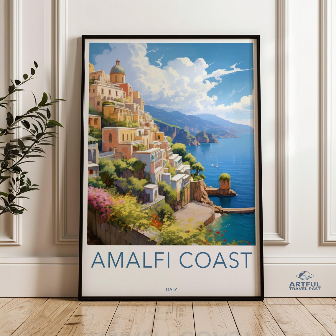 Amalfi Coast Italy Travel Poster Cliffside Village Turquoise Sea