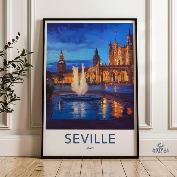 Seville Spain Wall Art Print Cityscape Nighttime Spanish Landmark Decor Travel Poster Historic