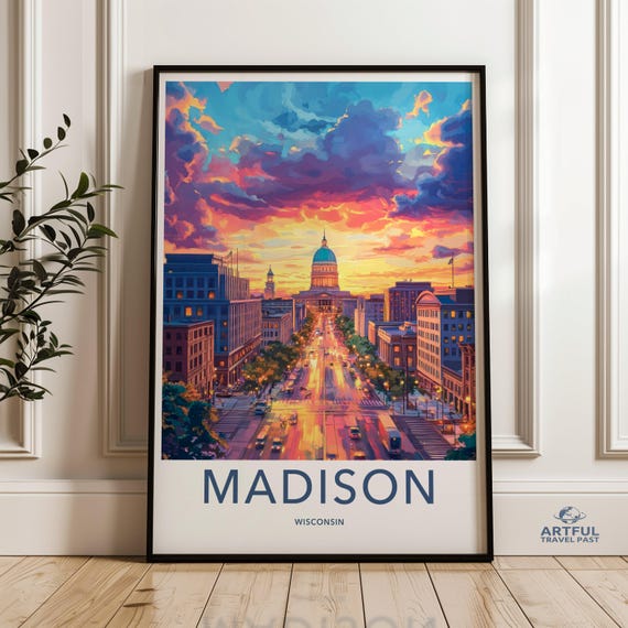 Madison Cityscape Wall Art Wisconsin Capitol Poster Print Vibrant Sunset Urban Decor Downtown Streets Artwork Colorful City