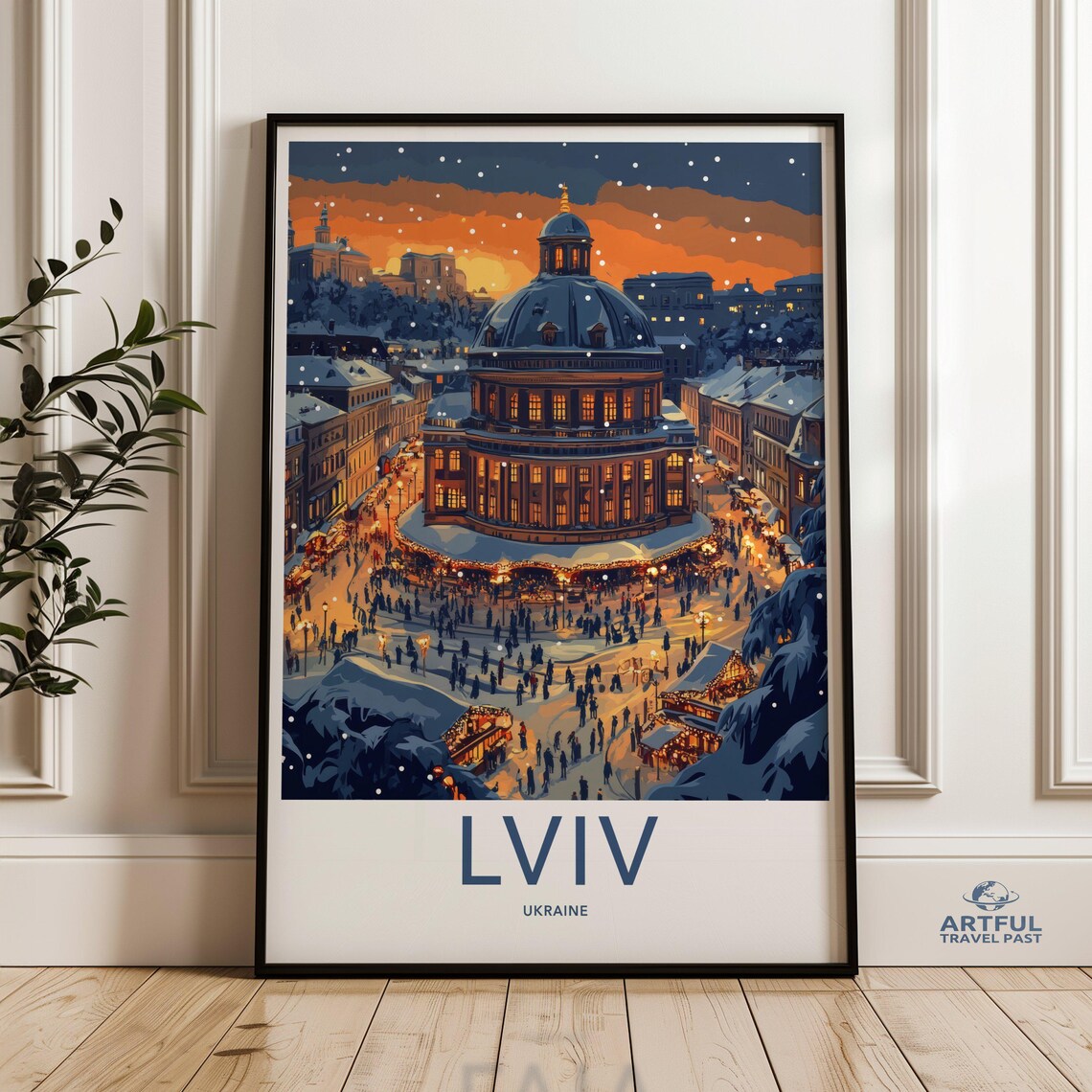 Lviv Ukraine Winter Travel Poster Snowy Christmas Market Scene