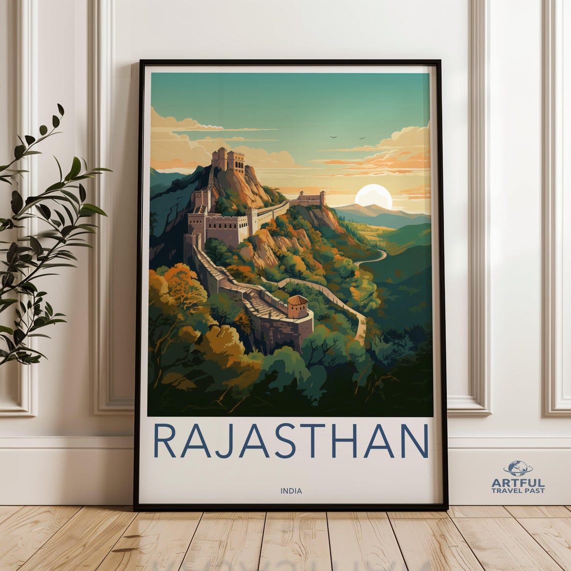 Rajasthan India Majestic Hill Fort Golden Sunset Travel Poster