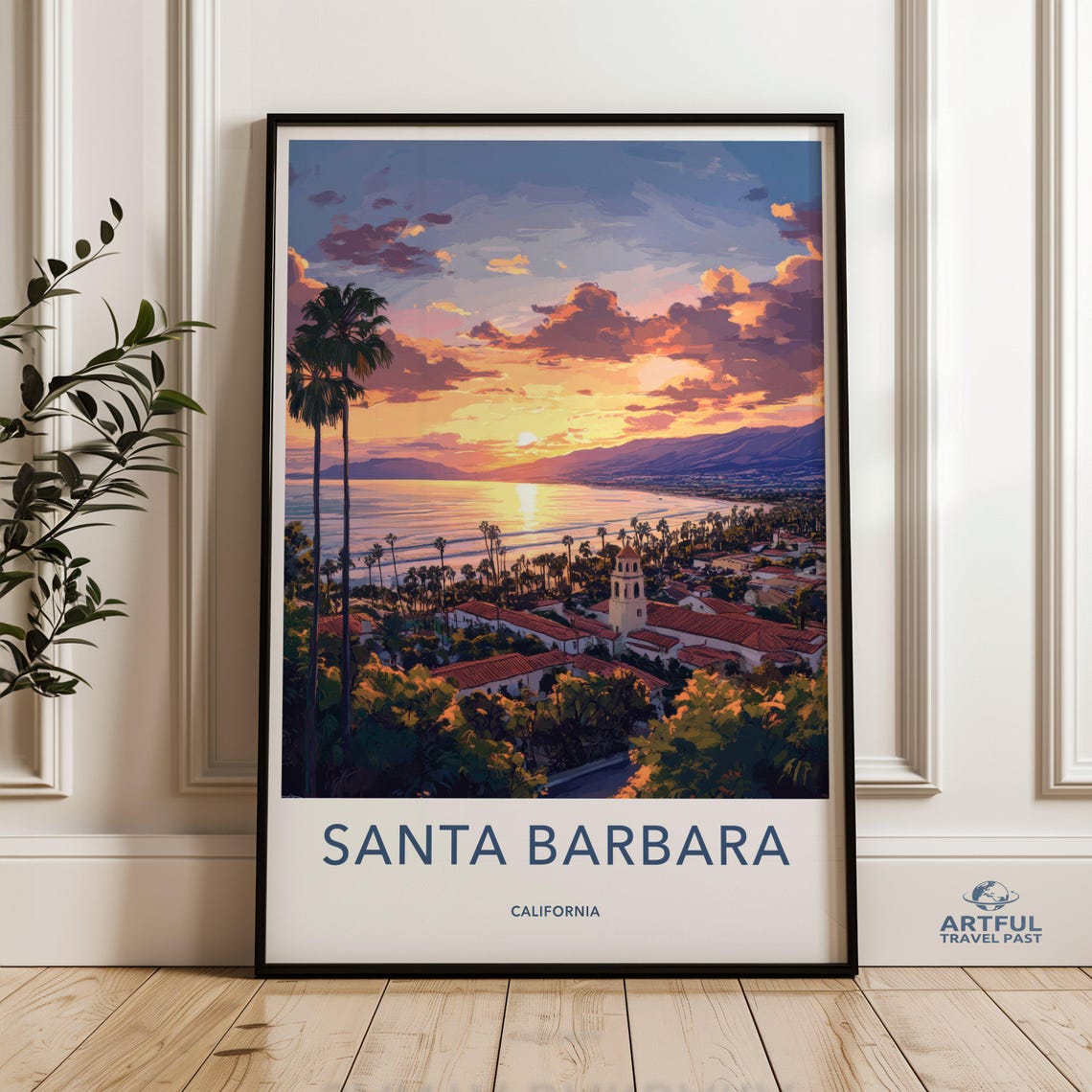 Santa Barbara California Sunset Beach Palm Trees Coastal Poster