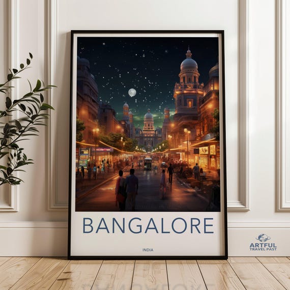 Nighttime Bangalore Cityscape Busy Street View Illuminated Architecture Starry Sky Wall Art India Travel Poster Urban Scene