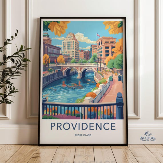 Providence Rhode Island Wall Art Cityscape Poster Travel Decor Waterway Illustration New England Artwork Urban Scenic View