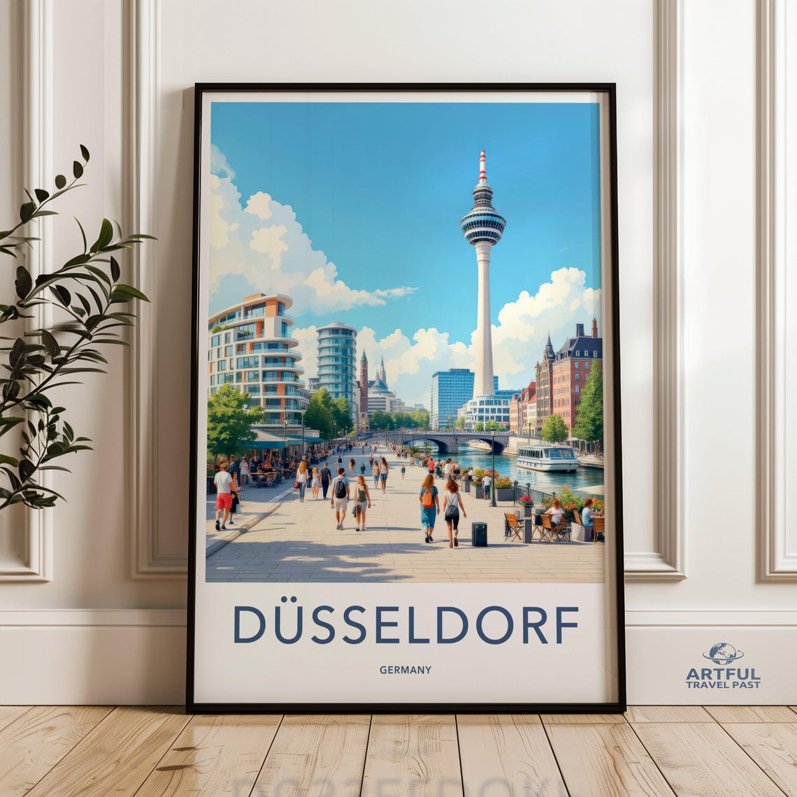 Dusseldorf Germany Rhine Promenade Tower Vintage Travel Poster