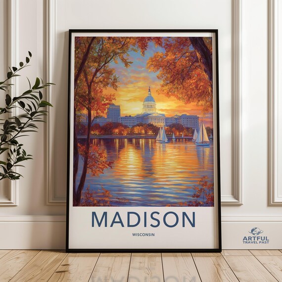 Madison Wisconsin Sunset Lake Sailboats Capitol Travel Poster Art
