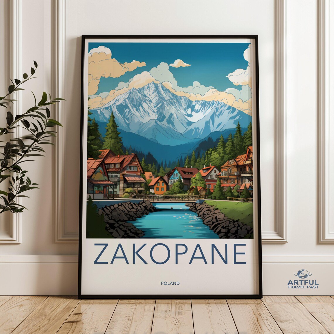 Zakopane Poland Alpine Village River Snowy Peaks Travel Poster