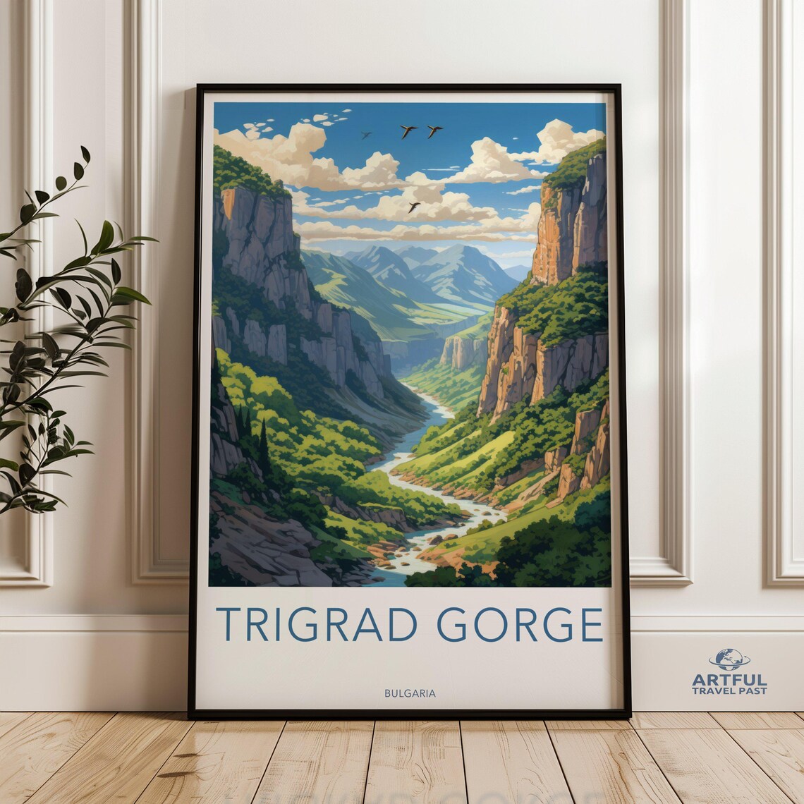 Trigrad Gorge Bulgaria River Canyon Illustration Travel Poster Art