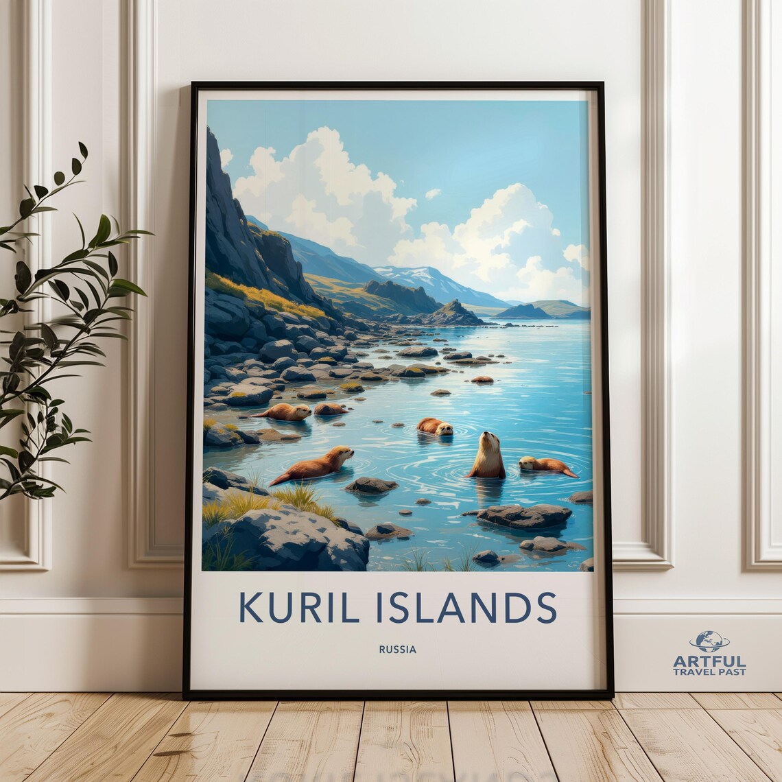 Kuril Islands Russia Travel Poster With Sea Otters Swimming Art