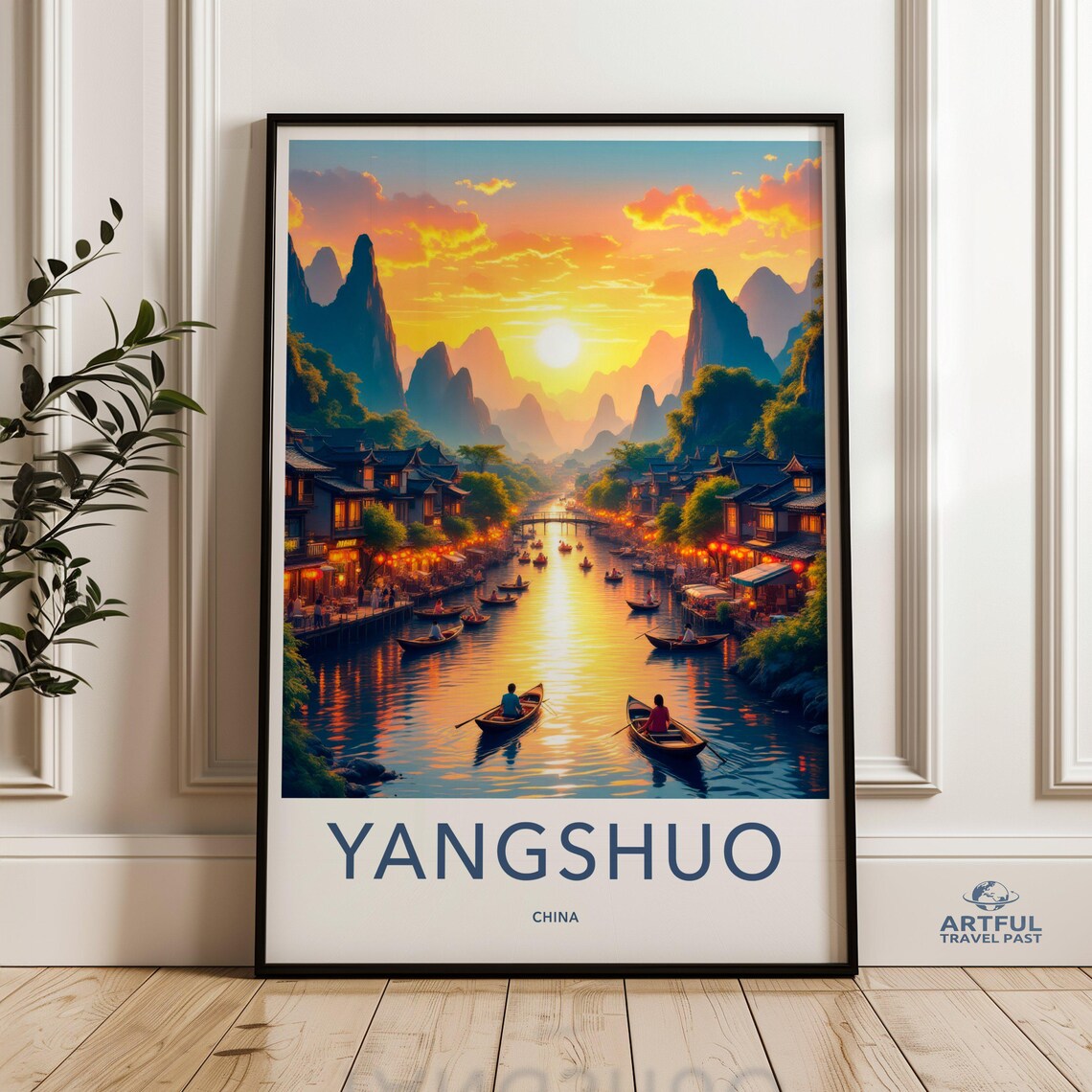 Yangshuo China Golden Sunset River Boats Karst Travel Poster