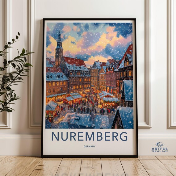 Nuremberg Germany Snowy Christmas Market Winter Village Travel Poster