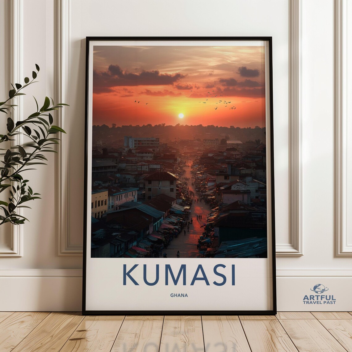 Kumasi Ghana Travel Poster Busy Market Street Sunset Skyline View