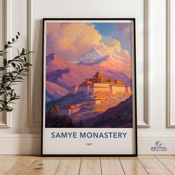 Samye Monastery Wall Art Tibetan Landscape Mountain Sunset Print Spiritual Home Decor Meditation Room Buddhist Temple