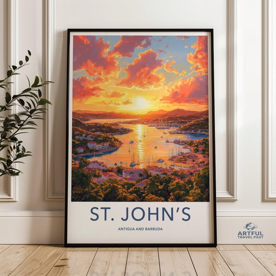 St Johns Antigua And Barbuda Wall Art Vibrant Sunset Print Caribbean Coastal Decor Beautiful Seaside Poster Nautical Artwork