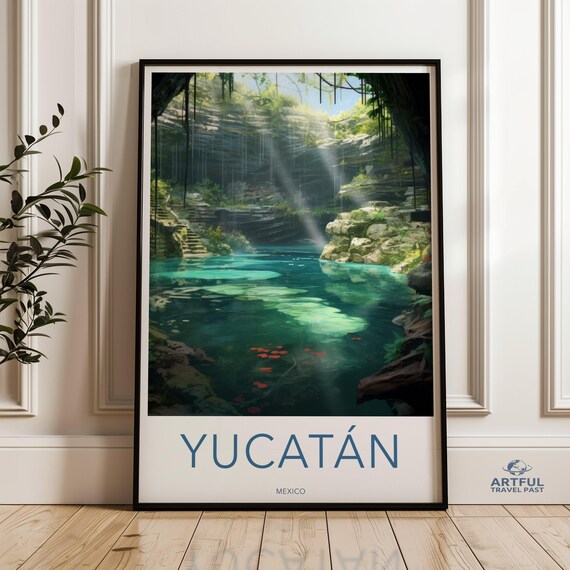 Yucatán Mexico Cenote Sunlight Sacred Well Vintage Travel Poster