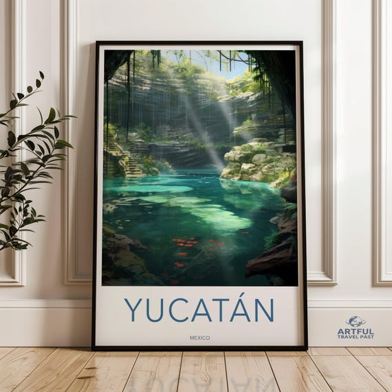 Yucatan Wall Art Mexico Travel Poster Exotic Nature Print Jungle Lagoon Artwork Scenic Cenote Painting Tropical Paradise Decor