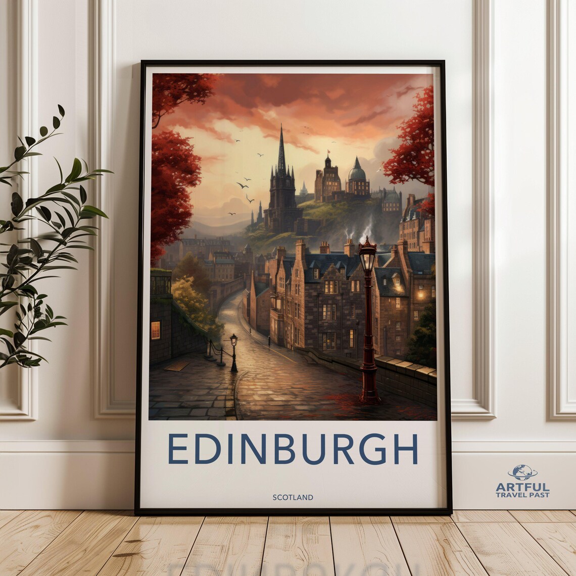 Edinburgh Scotland Castle Sunset Cobblestone Street Travel Poster