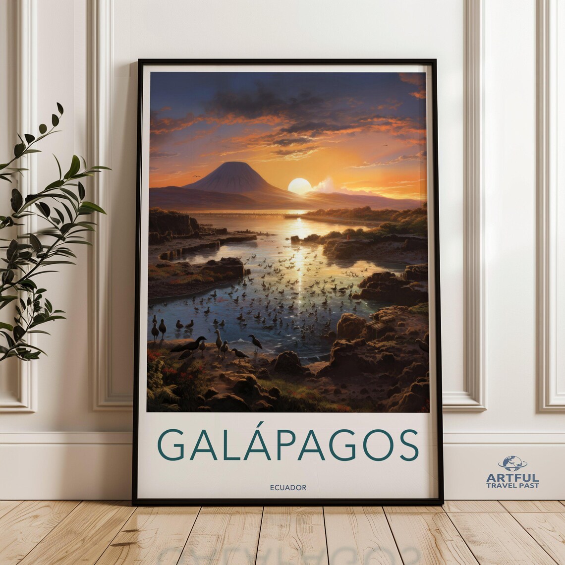 Galapagos Ecuador Sunset Volcano Seabirds Wildlife Travel Art Poster