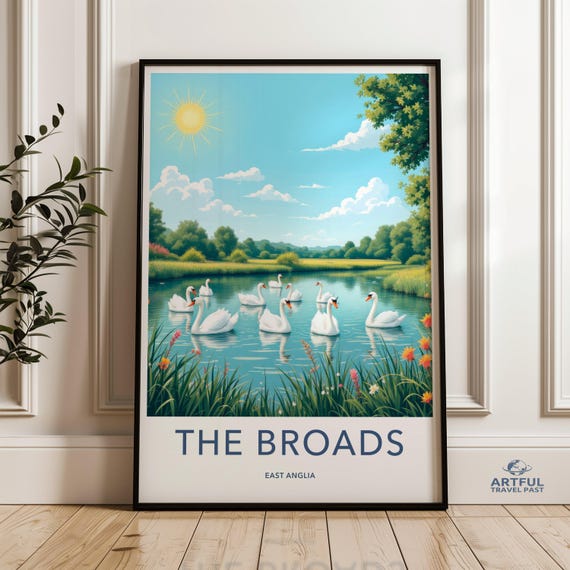 The Broads East Anglia Swans Landscape Nature Wall Art Home Decor Lake River Day Clouds Pastoral Fine Print Gift