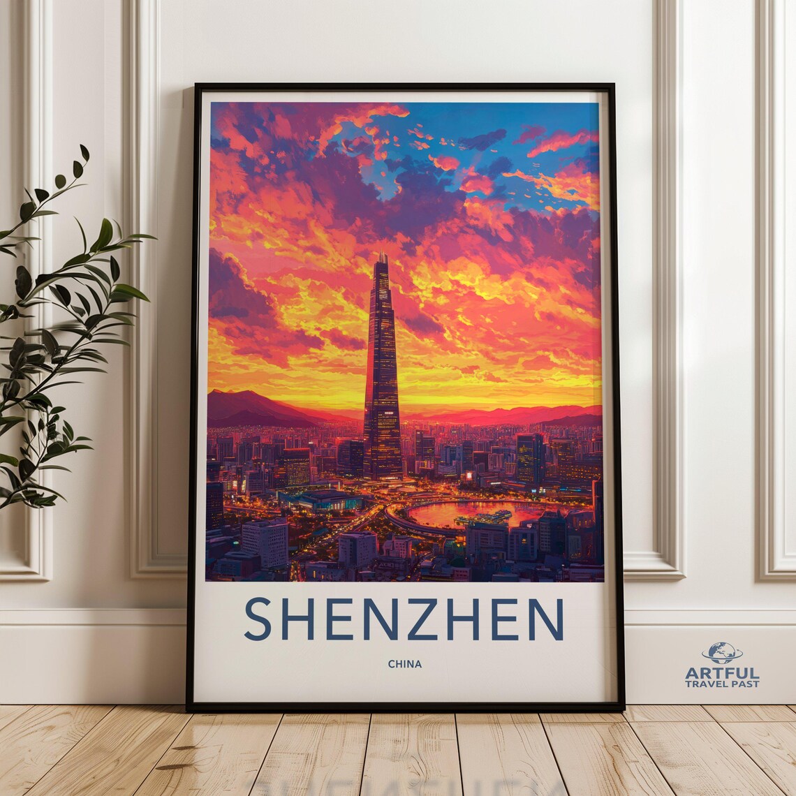 Shenzhen China Supertall Tower Sunset Skyline Golden Travel Poster