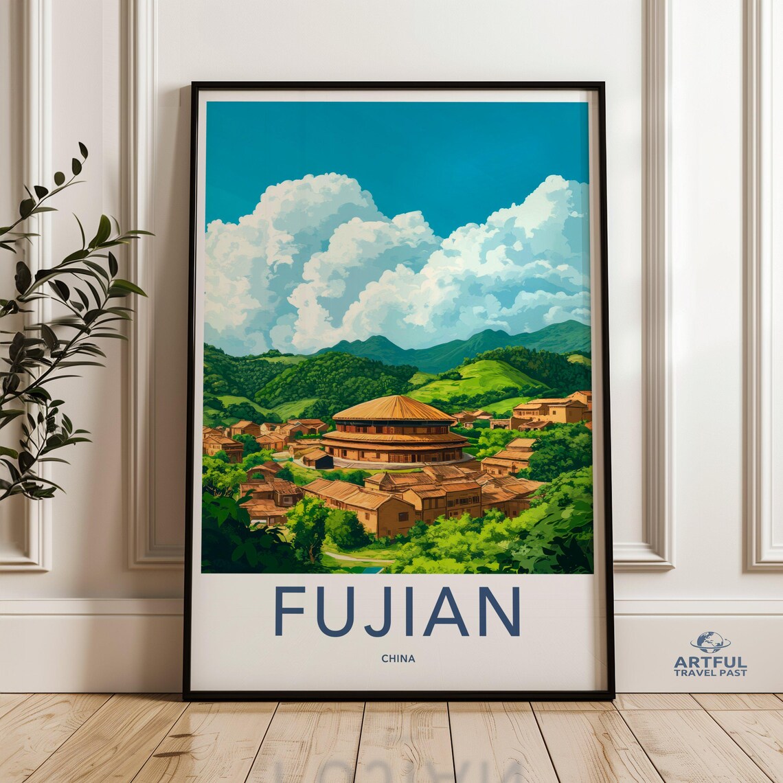 Fujian China Round Tulou Green Hills Village Scenic Travel Poster