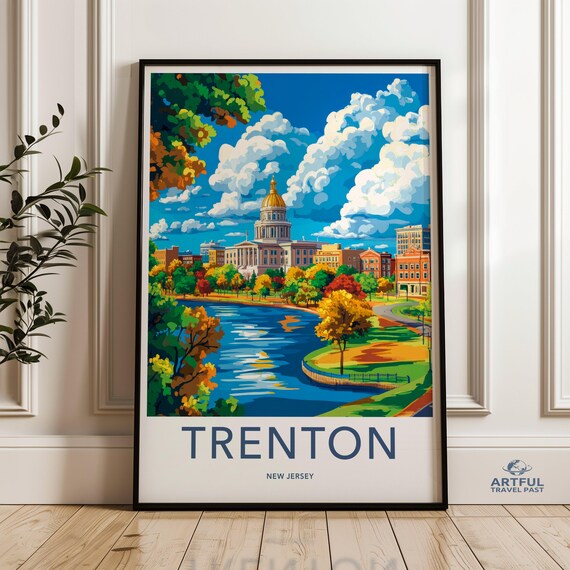Trenton New Jersey Autumn River Scene Colorful City Travel Poster