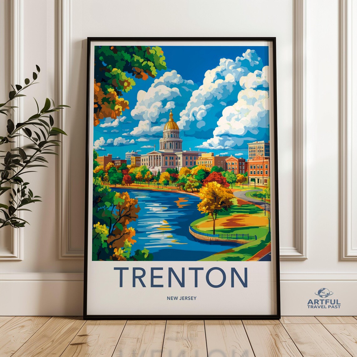 Trenton New Jersey Autumn River Scene Colorful City Travel Poster
