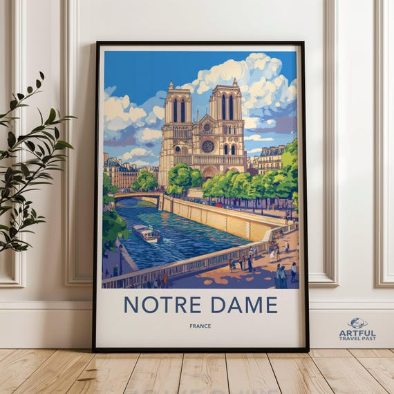 Vintage Notre Dame Cathedral Wall Art Paris France Print French Landmark Decor Historic Architecture Poster Scenic Cityscape