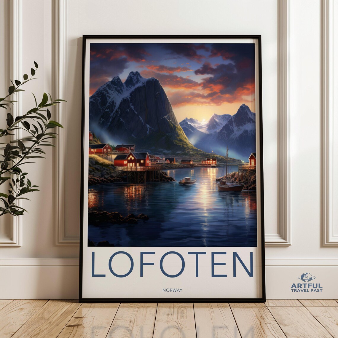 Lofoten Norway Arctic Fishing Village Sunset Harbor Travel Poster