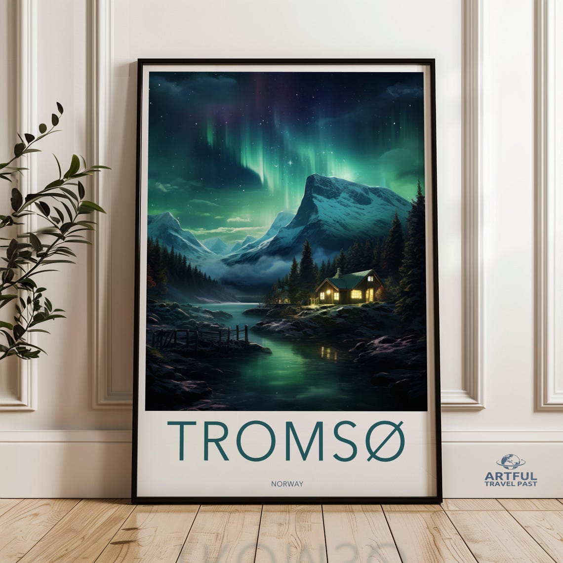 Tromsø Norway Northern Lights Cabin Mountains Night Travel Poster