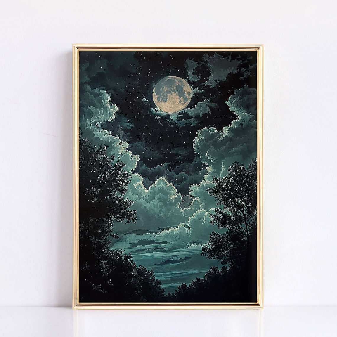 Full Moon Night Clouds Framing Teal Valley Vintage Sky Art Poster - Image 3