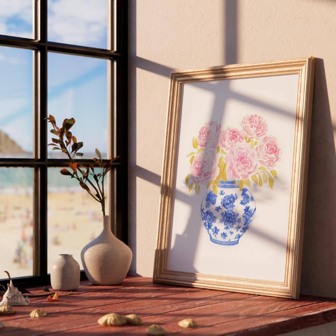 Pink Peonies Blue White Porcelain Vase Watercolor Floral Art Print - Image 2