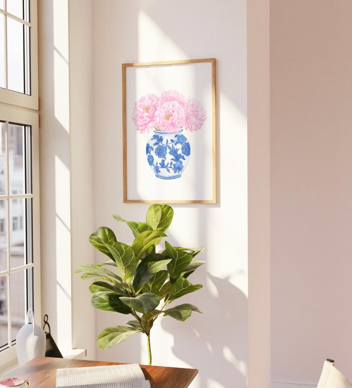 Pink Chrysanthemums In Blue White Chinoiserie Vase Floral Wall Poster - Image 2