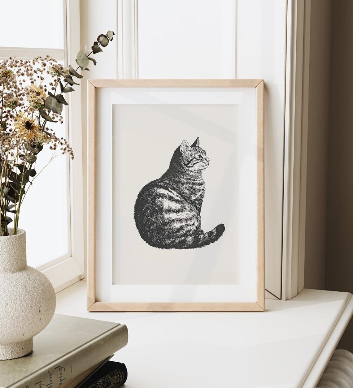 Seated Tabby Cat in Profile Classic Ink Etching Minimal Cat Art Poster - Image 3