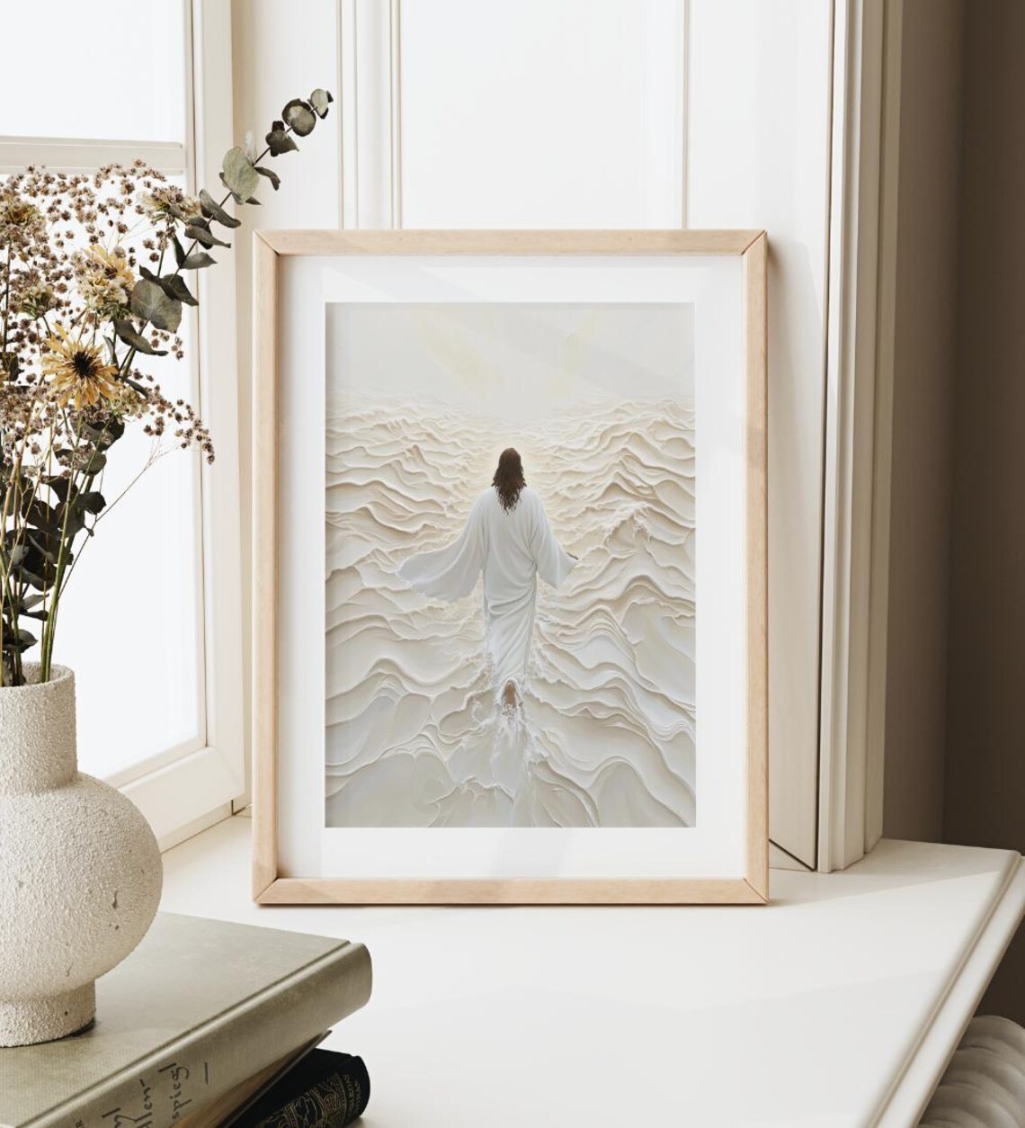 Jesus Walking on Water Minimalist Faith Art Print White Christian Ocean Decor - Image 4