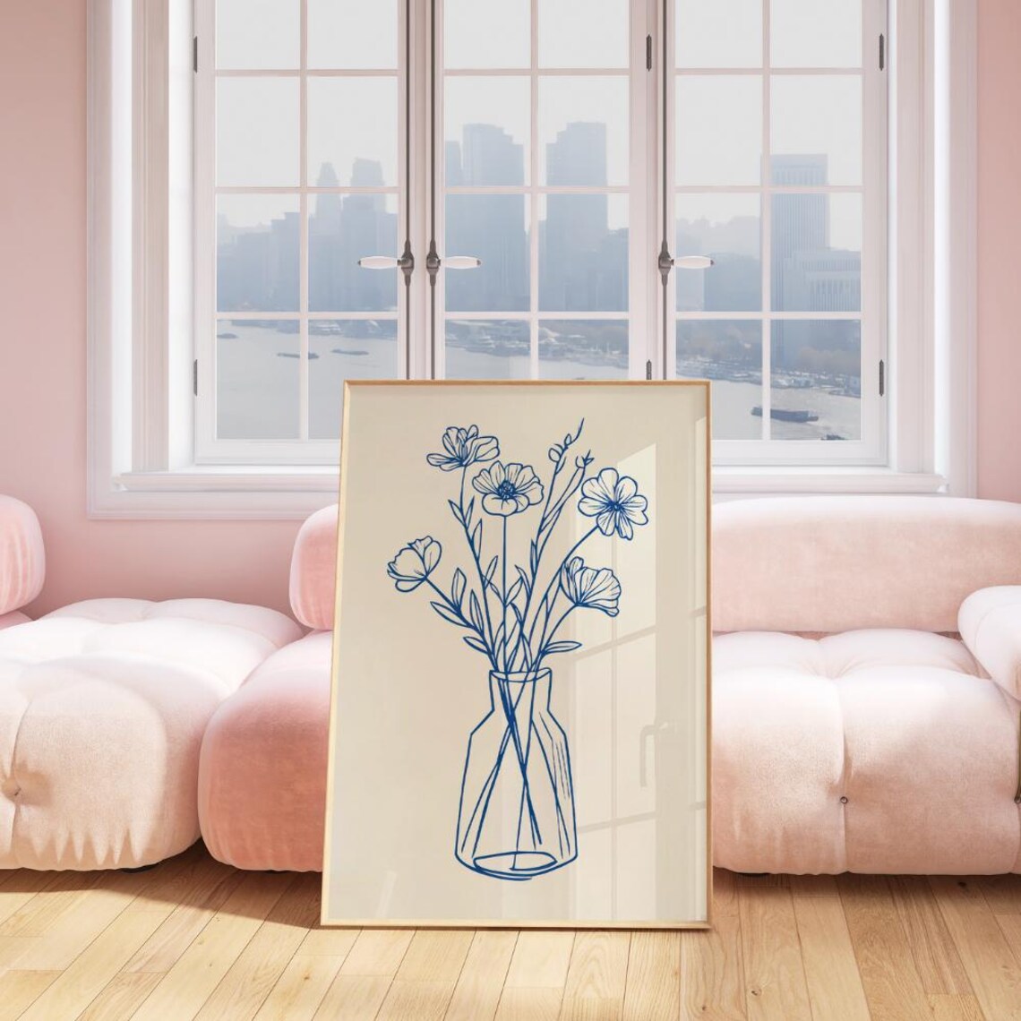 Blue Fine Line Flowers Vase Minimalist Botanical Line Art Poster - Image 3