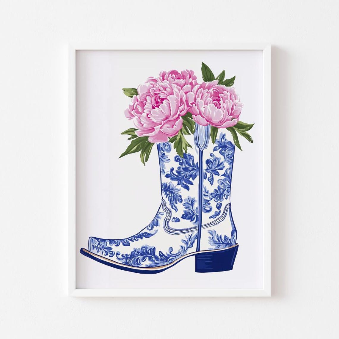 Chinoiserie Cowboy Boot With Pink Peonies Western Floral Wall Poster - Image 2