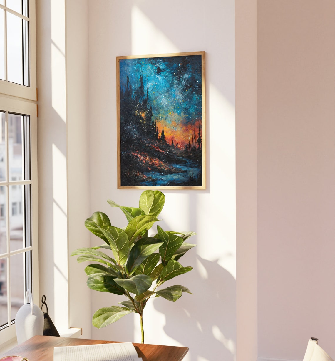 Abstract Starry Night Impasto Fiery Orange Horizon Painting Poster - Image 3