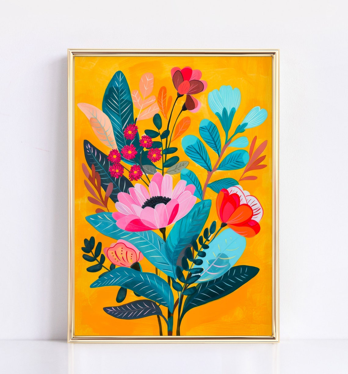 Bold Botanical Floral Art Pink Blooms Teal Leaves Yellow Poster - Image 2